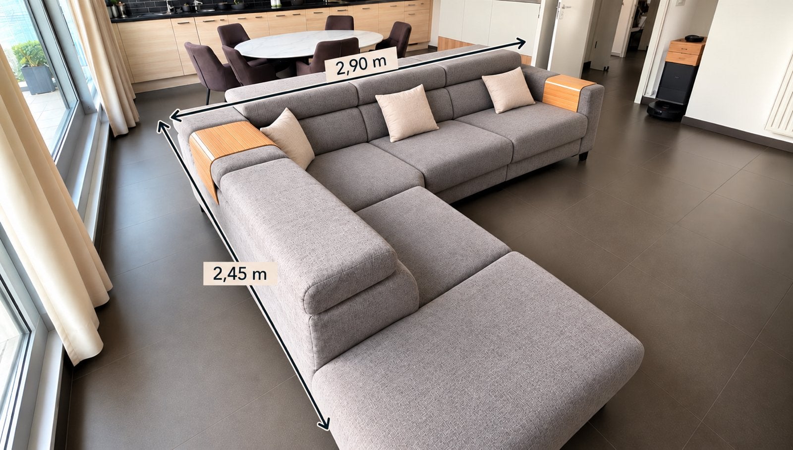Grijze zetel met elektrische relax/longchair - 2m90x2m45, Huis en Inrichting, Ophalen, Zo goed als nieuw