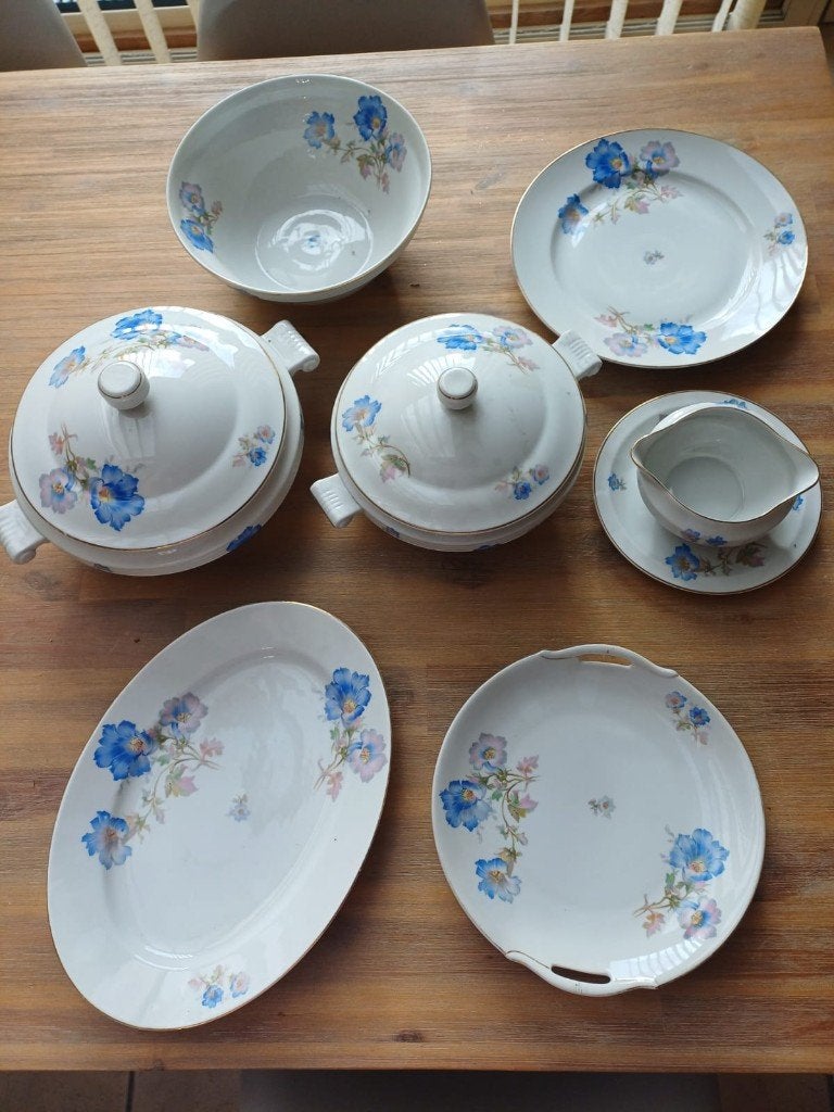 Vintage porseleinen servies met blauwe bloemen, Ophalen