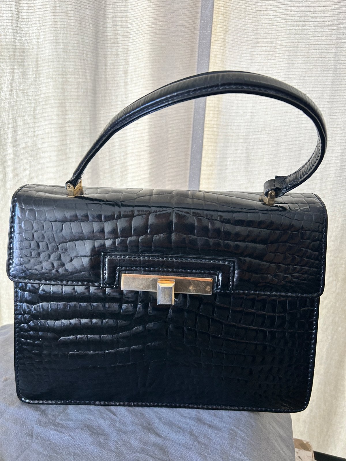 Vimar sac cuir embossé façon crocodile noir vintage, Enlèvement ou Envoi, Utilisé, Noir, Sac à main
