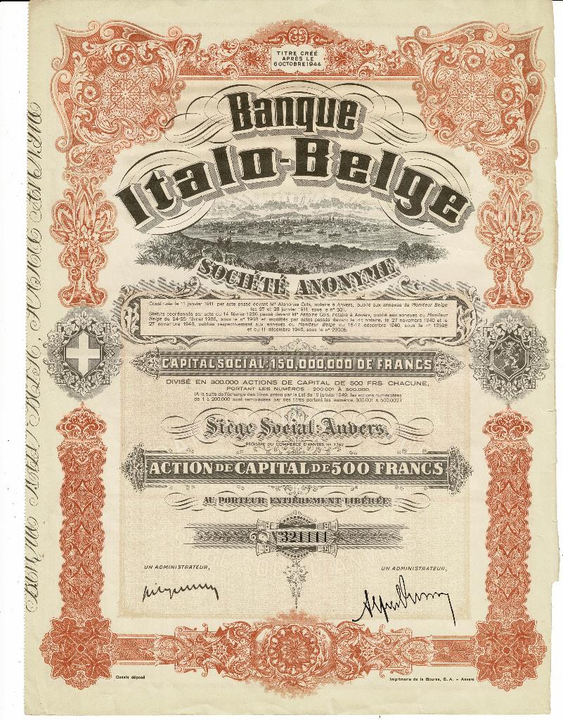 Banque Italo - Belge - Anvers 1946 - Action de 500 francs, Postzegels en Munten, Aandelen en Waardepapieren, Verzenden, 1920 tot 1950