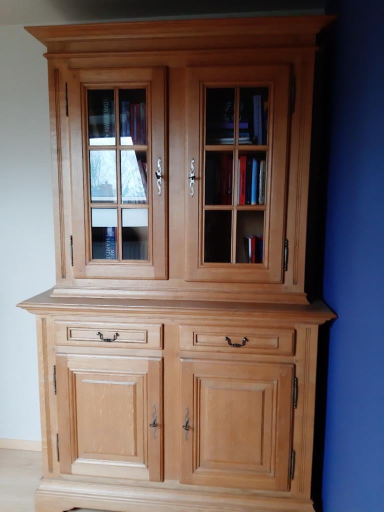 Massief eiken vitrine-/ boekenkast, Huis en Inrichting, Kasten | Buffetkasten, Ophalen, Gebruikt, 200 cm of meer, Rustiek