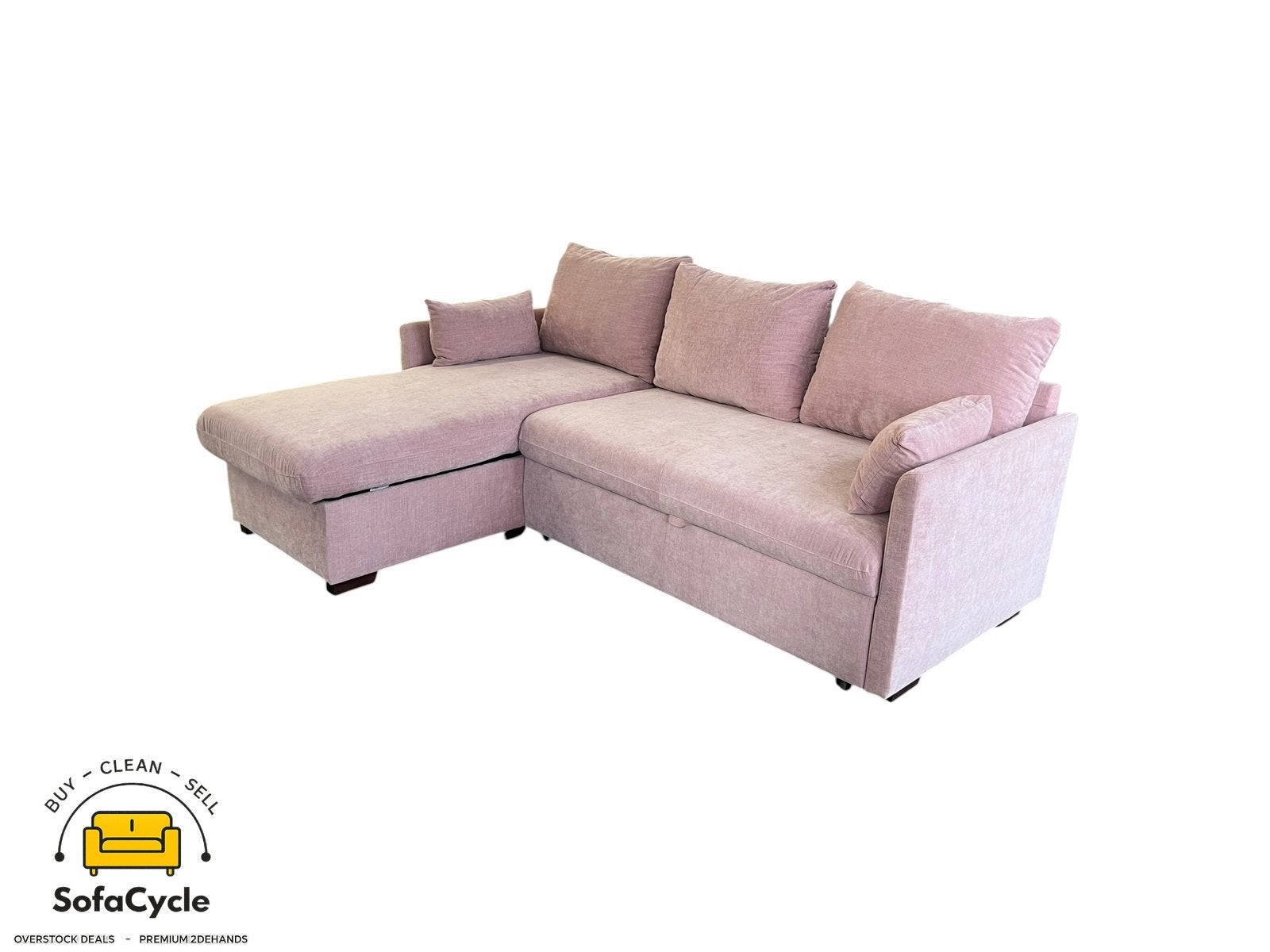 Hoekzetel roze met slaapfunctie en opbergkoffer, – overstock, Antiek en Kunst, Ophalen of Verzenden