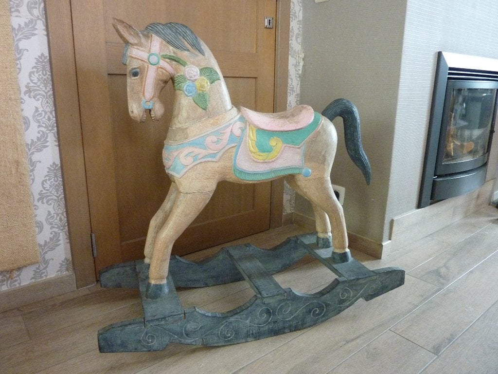 Vintage antiek handgemaakt houten schommelpaard, Antiek en Kunst, Ophalen, Overige onderwerpen, 50 - 100 cm, Hout