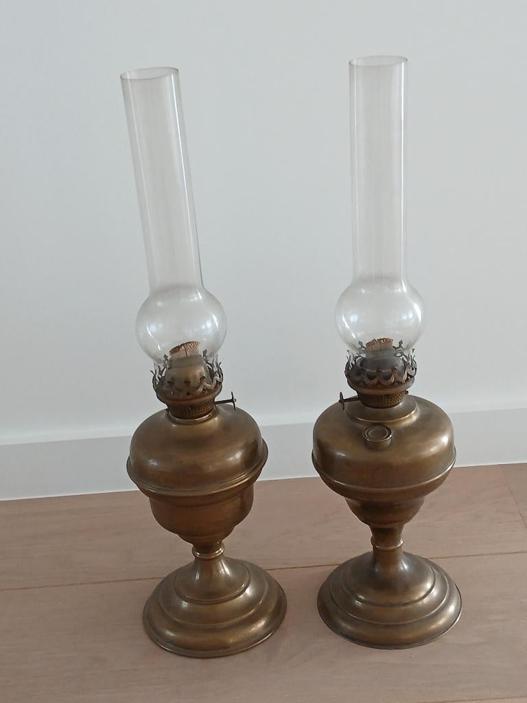 2 antieke koperen olielampen, Antiek en Kunst, Antiek | Brons en Koper, Koper, Ophalen of Verzenden