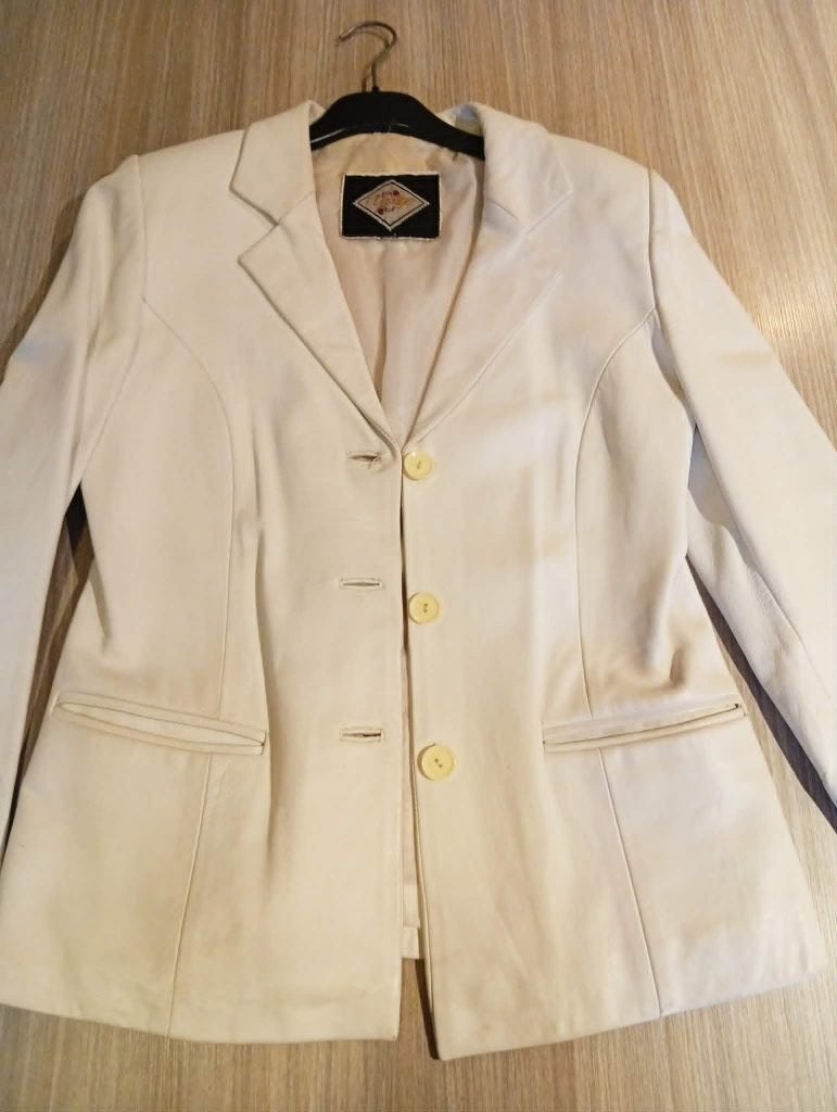 veste en cuir pour femme, Kleding | Dames, Jasjes, Kostuums en Pakken, Zo goed als nieuw, Jasje, Maat 42/44 (L), Wit, Ophalen of Verzenden