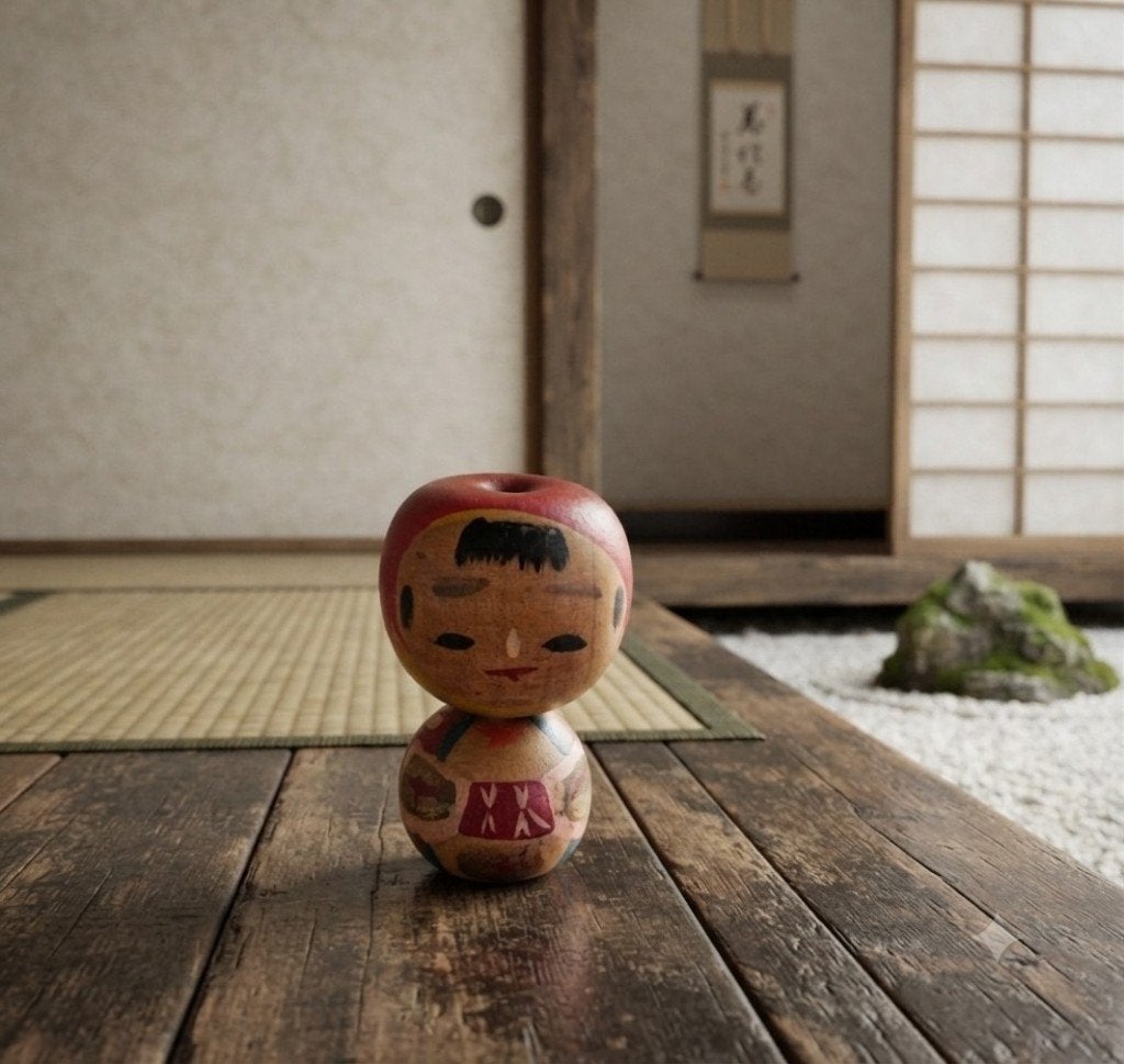 Joli kokeshi aux pommes, Fait main, Japon, Bois, 4 cm