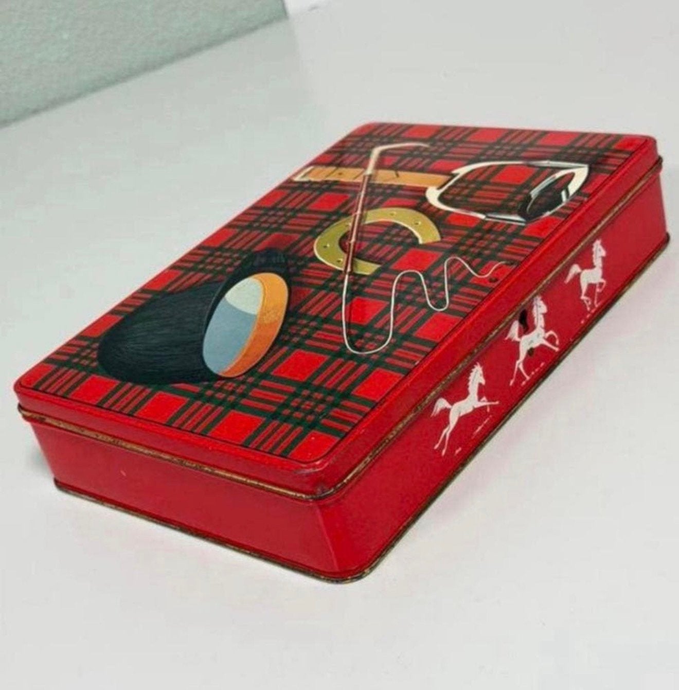 Boîte de rangement équestre vintage en étain rouge cavalier, Enlèvement ou Envoi