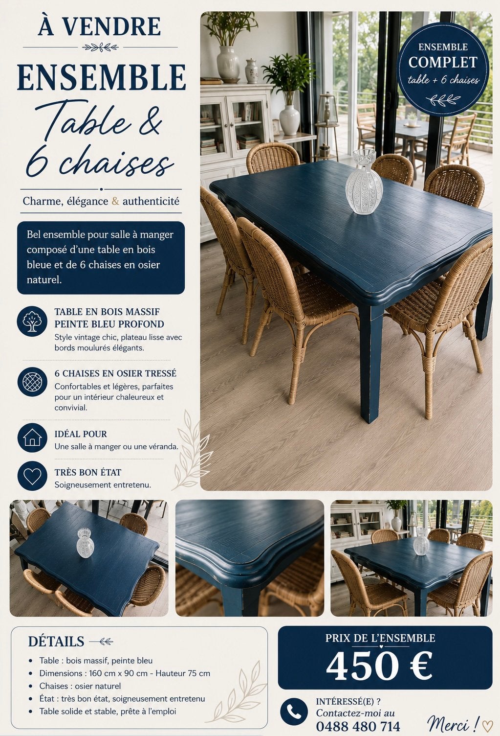 Table et ses six chaises, Cinq personnes ou plus, 150 à 200 cm, Comme neuf, Enlèvement