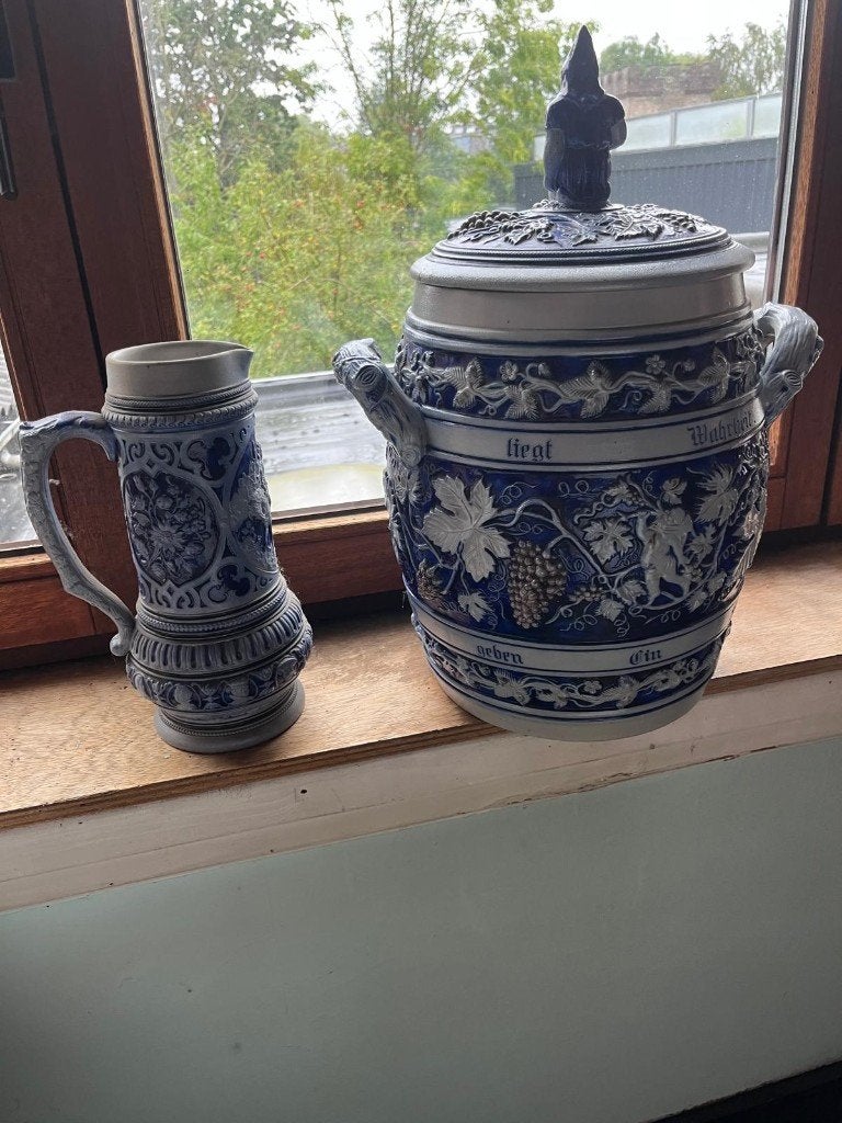 keramiek blauwe kruik en wijn tobbe, Ophalen, Porselein of Keramiek, Rond, Pot of Kruik