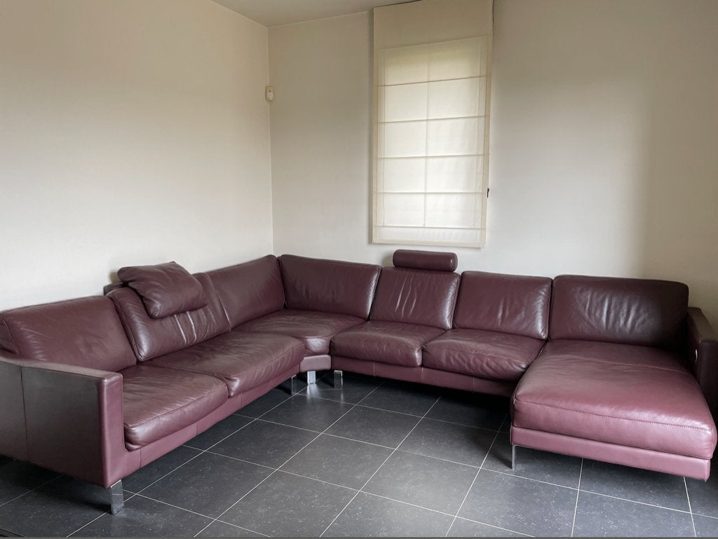 Aubergine leren hoekbank, Huis en Inrichting, Zetels | Zetels, Ophalen, Gebruikt, Hoekbank, 300 cm of meer