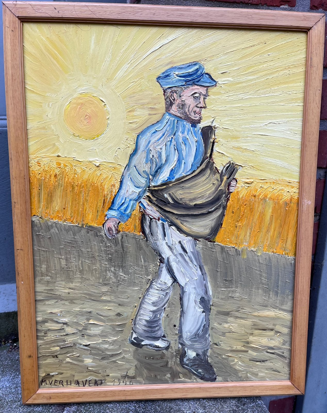 Origineel Olieverfschilderij 'De Zaaier' Hommage @ Van Gogh, Antiek en Kunst, Ophalen, Doek, Gesigneerd, Olieverf