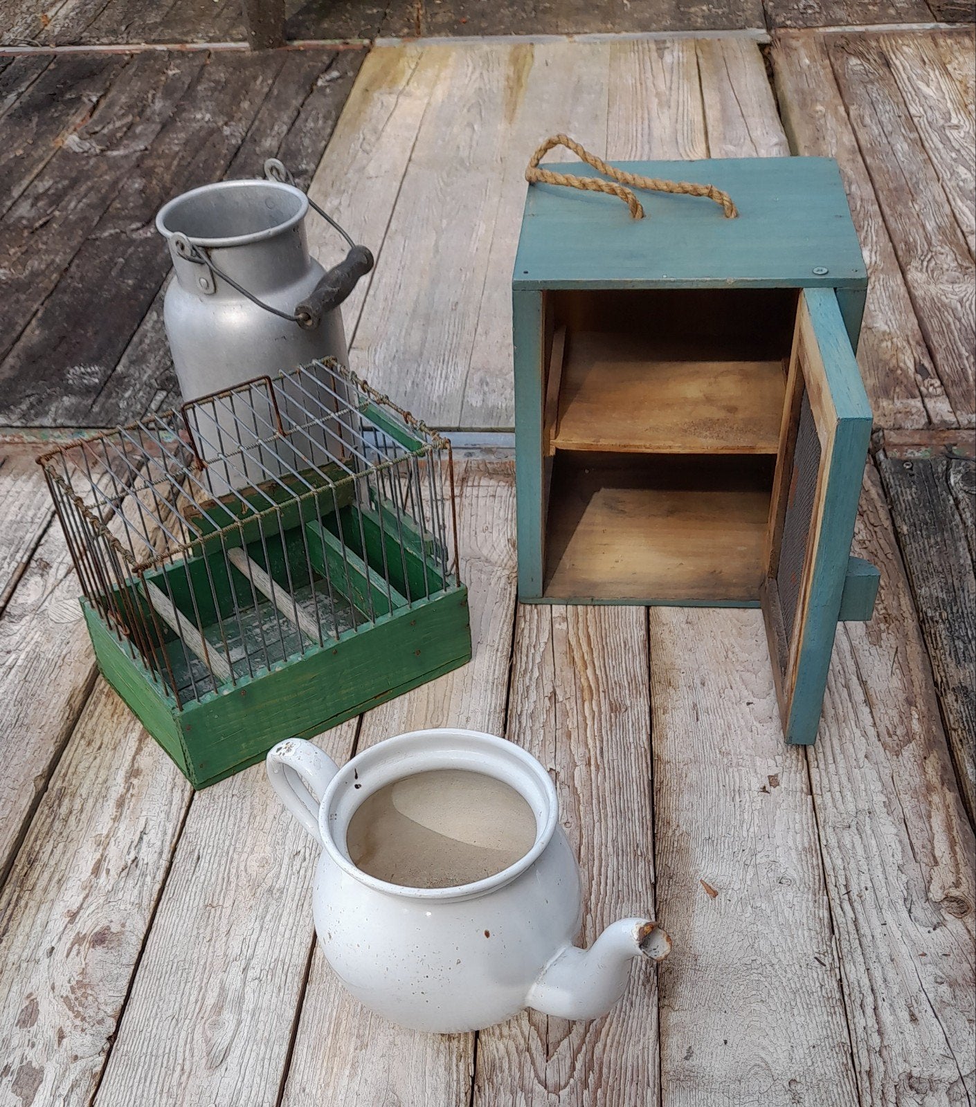 Lot brocante(théière,cage oiseau,pot à lait,garde-manger), Diversen, Rommelmarktspullen, Ophalen, Gebruikt