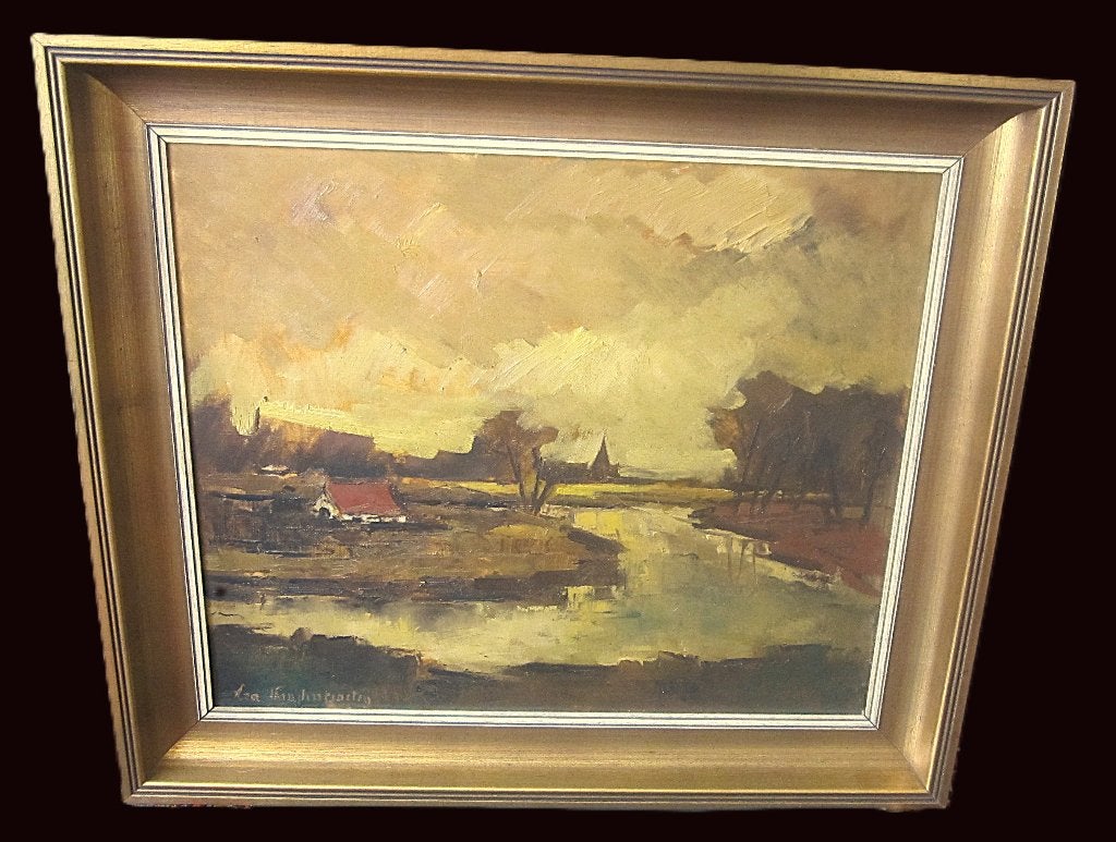 Oude Leie te Deurle - Lea Vanderstraeten, Enlèvement ou Envoi, Peinture à l'huile, Paysage, Toile