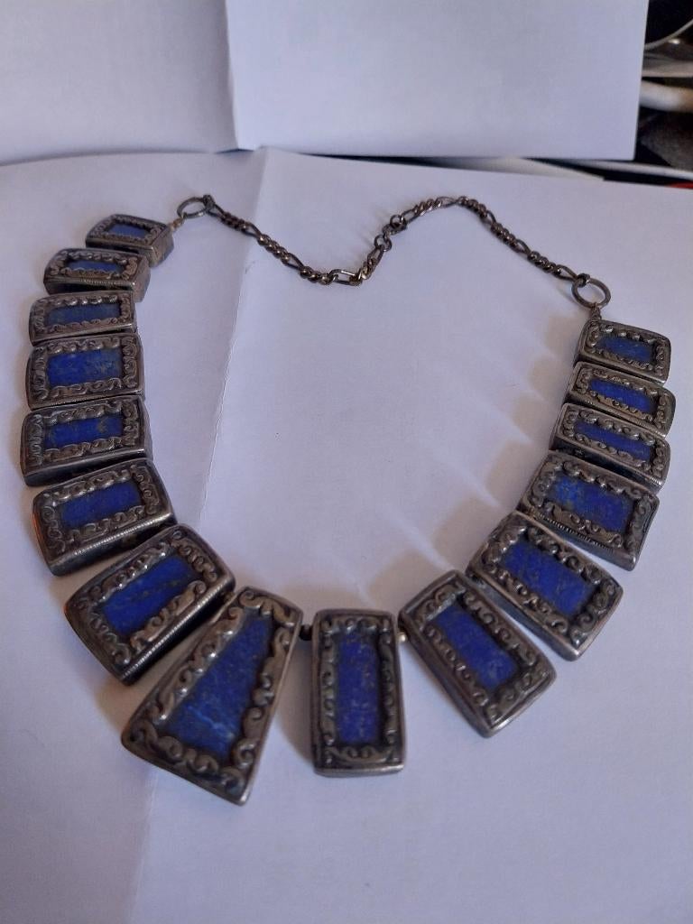 PRACHTIGE VINTAGE LAPIS LASULI STENEN ZILVEREN KETTING, Ophalen of Verzenden, Zo goed als nieuw, Met edelsteen, Zilver