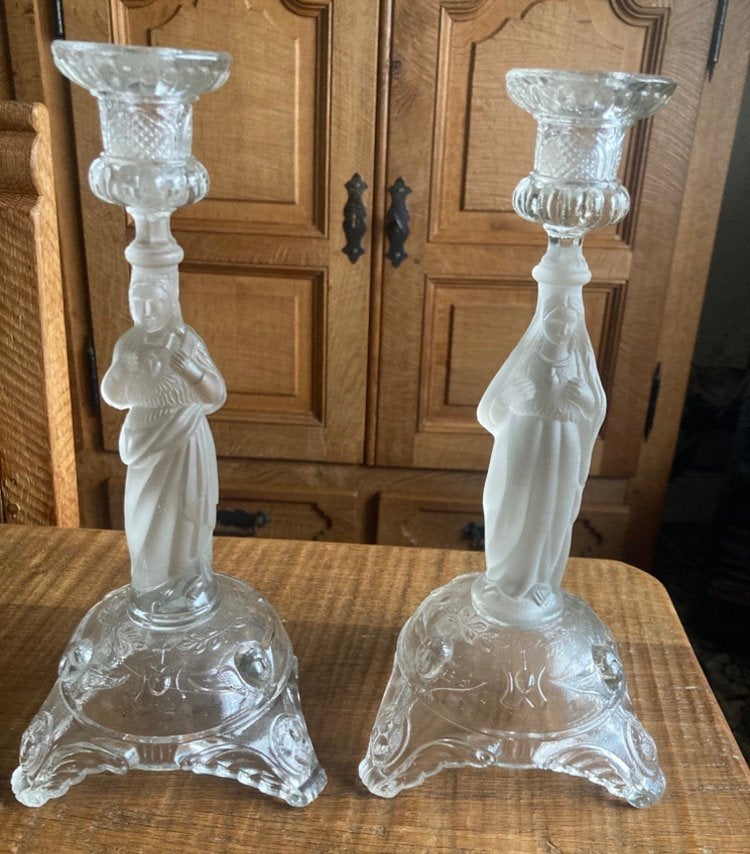 Set antieke glazen kandelaars Jezus & Maria -art deco, Enlèvement