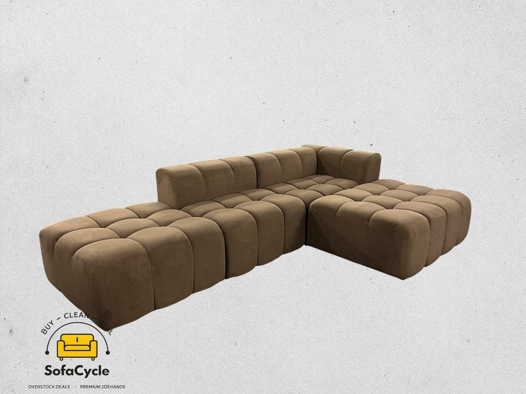 Bubbel hoekzetel bruin in fluweel, hoek R, Nieuw, Stof, Zonnestraat 223-229, 9600 Ronse, België, Info@sofacycle.be