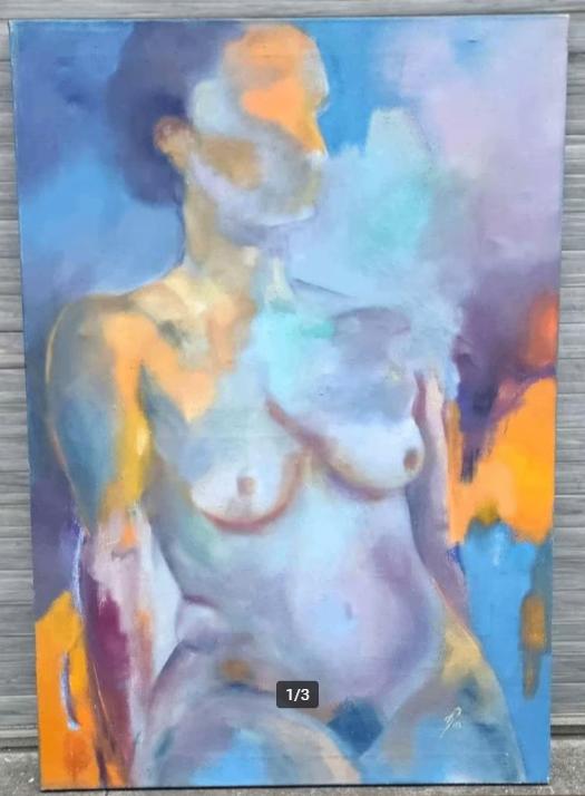 Huile sur toile femme nue monogramme, Ophalen