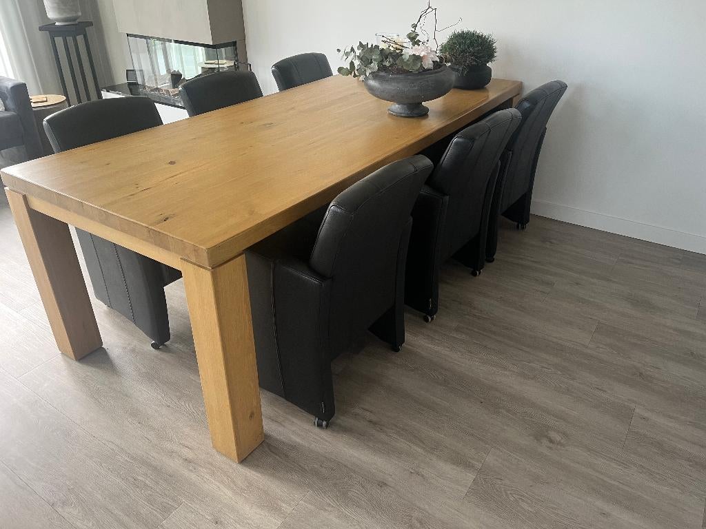 Eiken tafel met 6 leren armstoelen, Huis en Inrichting, Complete eetkamers, Zo goed als nieuw, 4 tot 6 stoelen, Ophalen