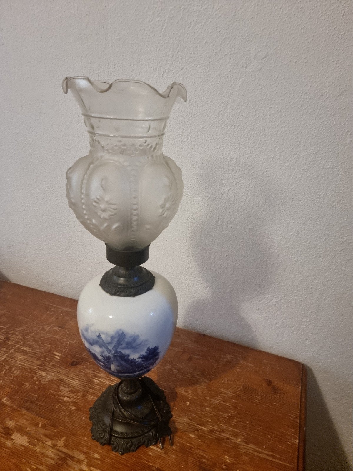 Vintage tafellamp Delfts blauw – windmolen – glas, Ophalen