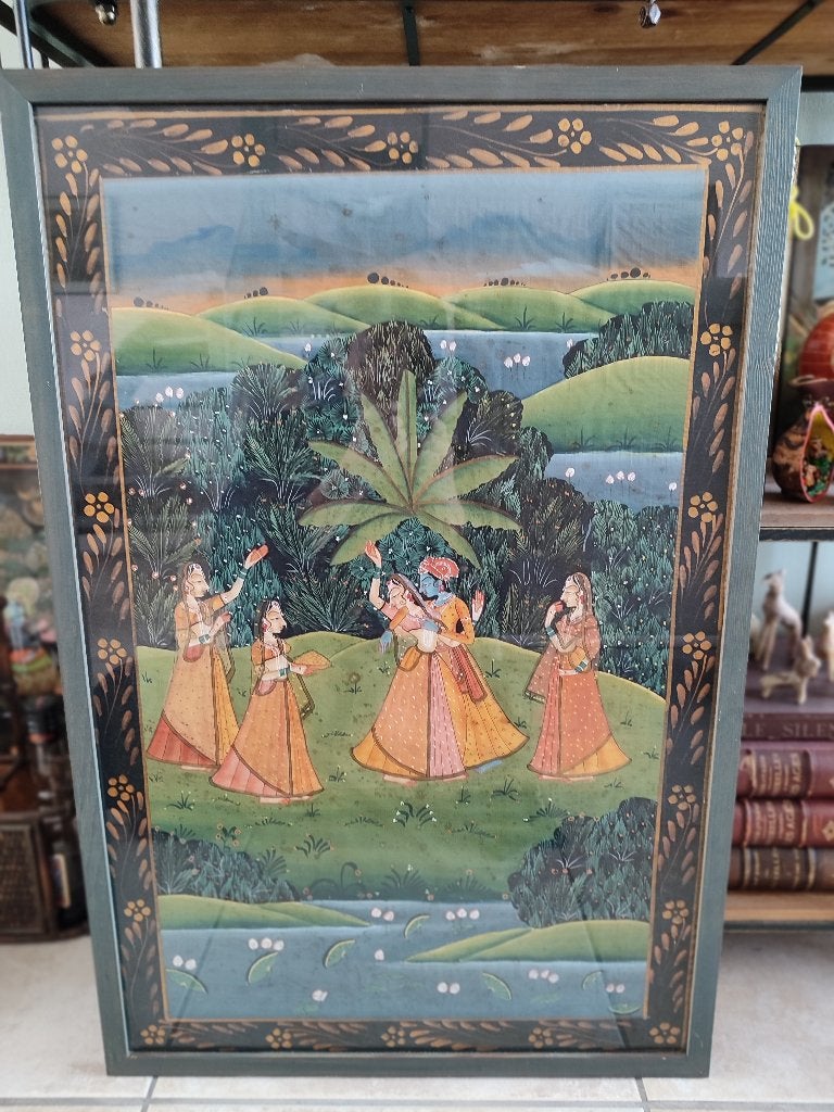India: groot schilderij op zijde. Radha en Krishna, Ophalen, Schilderij, Natuurlijk materiaal, 82 cm