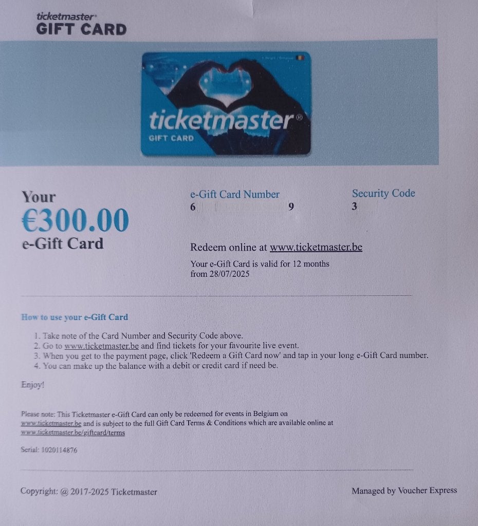 voucher ticket master 300€, Tickets & Billets, Concerts | Autre, Trois personnes ou plus, Juillet