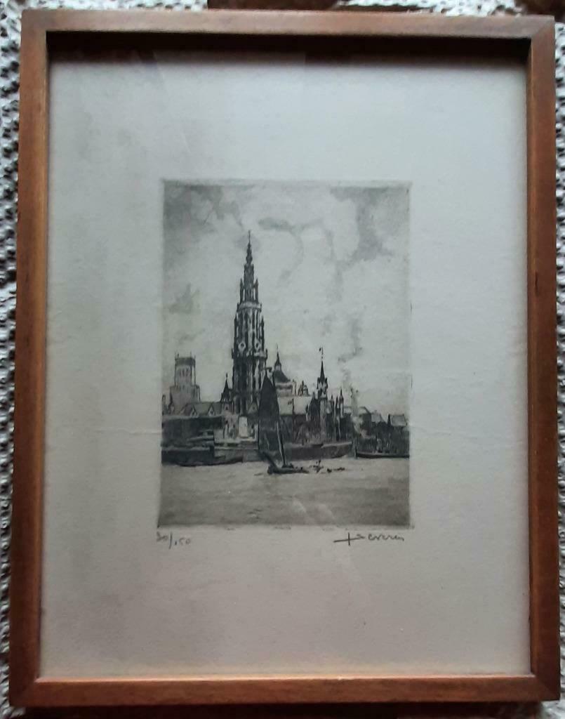 Juliaan Severin - Zicht op Antwerpen - Ets, Antiek en Kunst, Ophalen of Verzenden