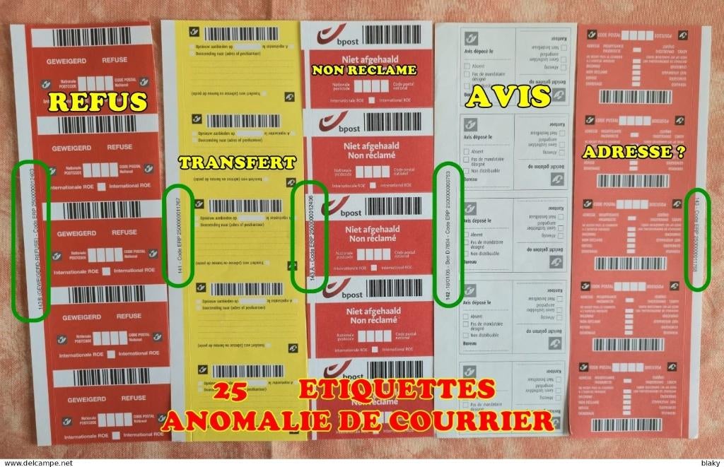 25 ETIQUETTES ANOMALIE COURRIER  FEUILLET DE 5 ETIQUETTES, Enlèvement ou Envoi