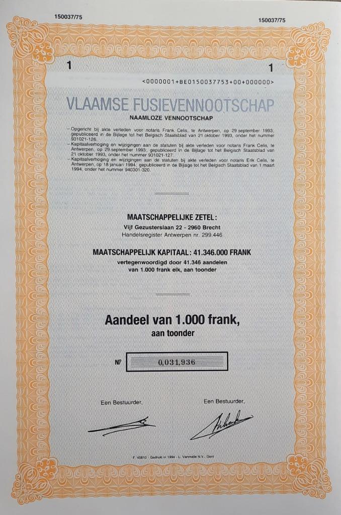 Vlaamse Fusievennootschap - Brecht - aandeel van 1000 frank, Ophalen of Verzenden, 1970 tot heden, Aandeel
