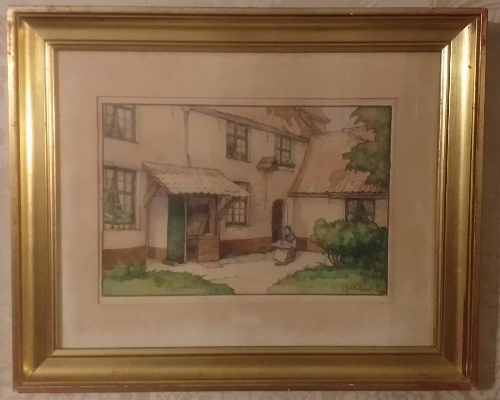 Aquarel - Kantkloster op binnenhofje, Ophalen of Verzenden
