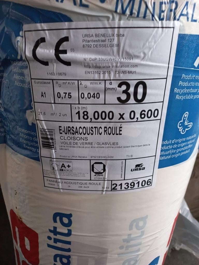 URSA GEO ACCOUSTIC 30mm x 600mm x 18000mm, Doe-het-zelf en Bouw, Isolatie en Afdichting, Dakisolatie, Zo goed als nieuw, 15 m² of meer