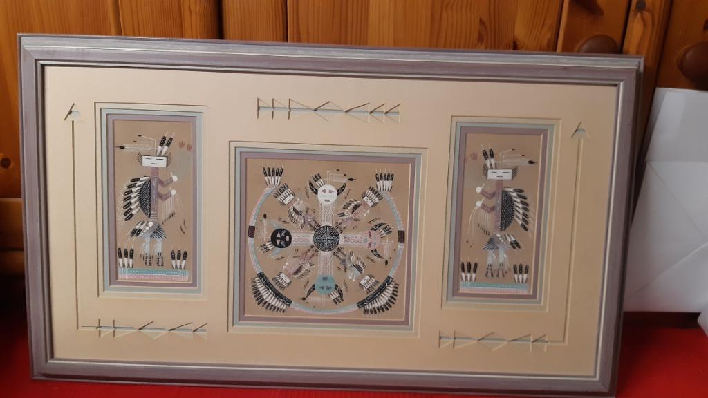 Dessin Navajo au sable signé dans le cadre, Enlèvement, Signé