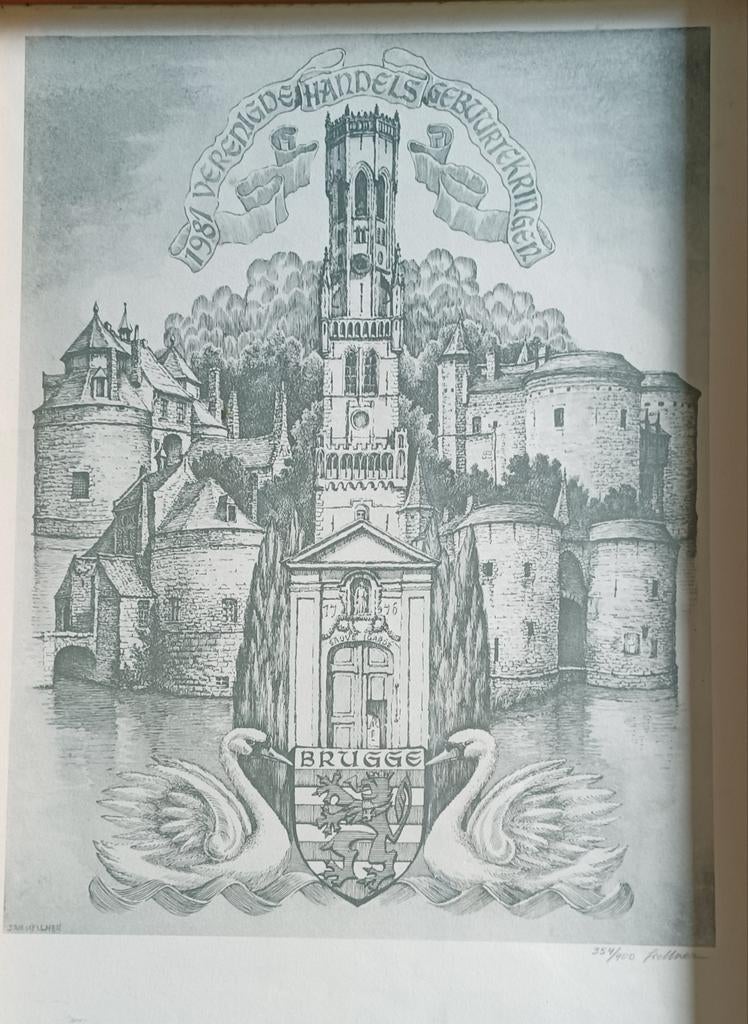 Tekening van Jan Kellner met Belfort Brugge, Ophalen of Verzenden