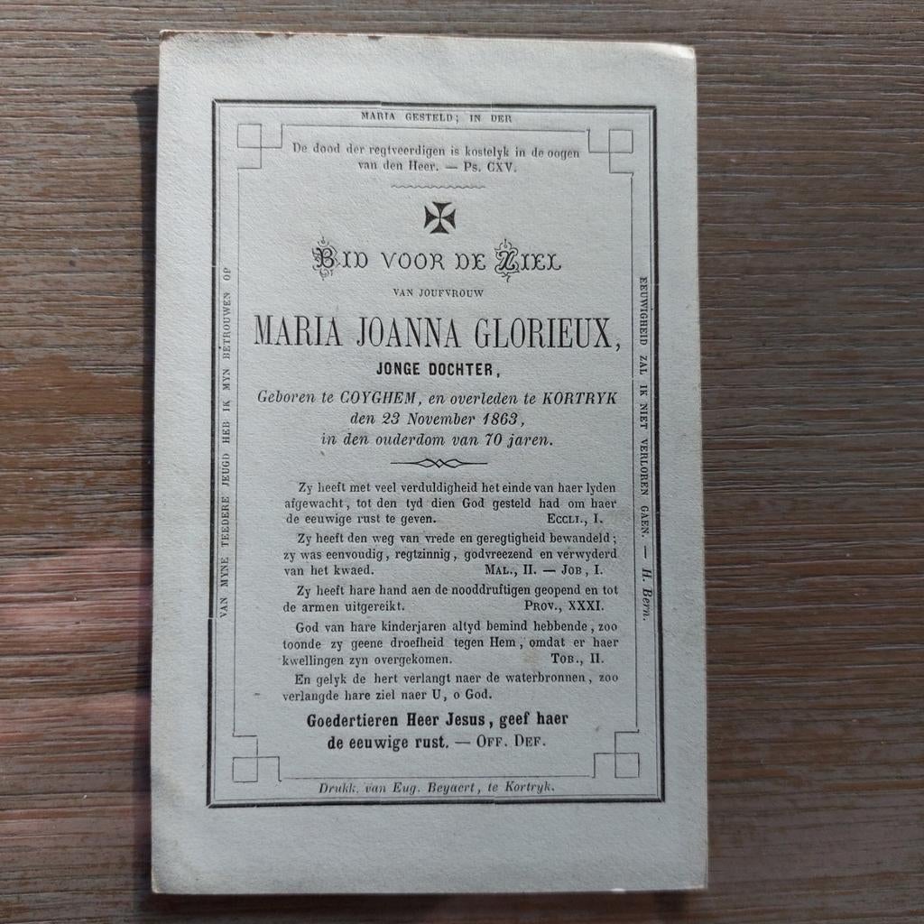 Bidprentje Kooigem Kortrijk 1793-1863, Ophalen of Verzenden, Bidprentje