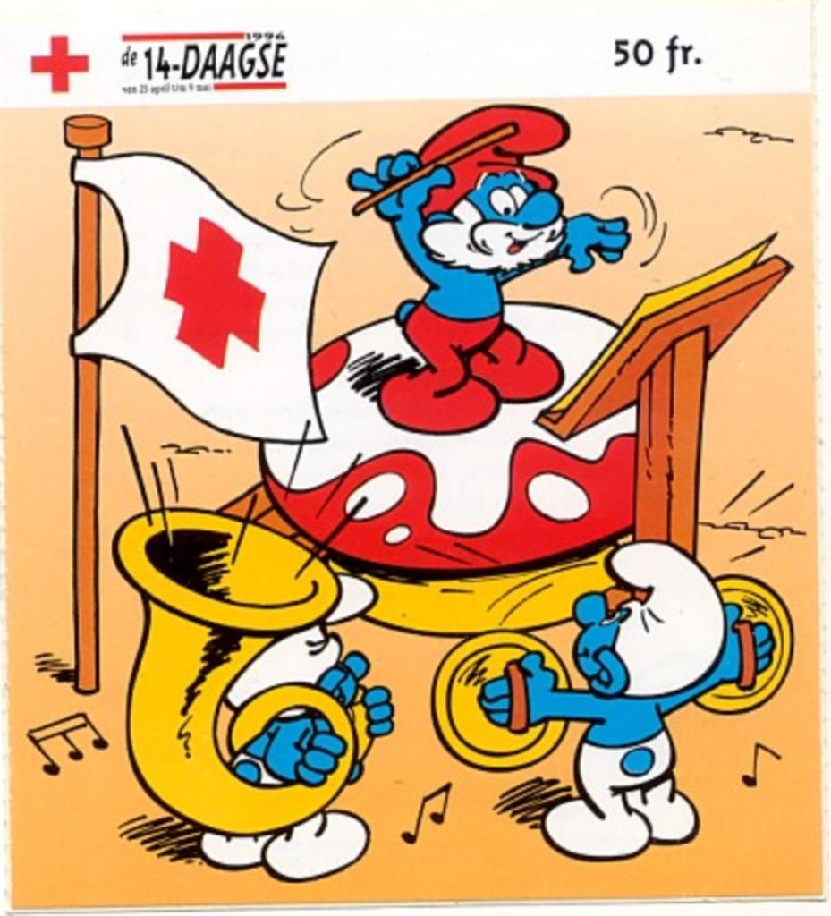 LES SCHTROUMPFS - AUTOCOLLANT CROIX-ROUGE (1996) PEYO, Collections, Enlèvement ou Envoi, Comme neuf, Grand Schtroumpf, Poupée, Figurine ou Peluche