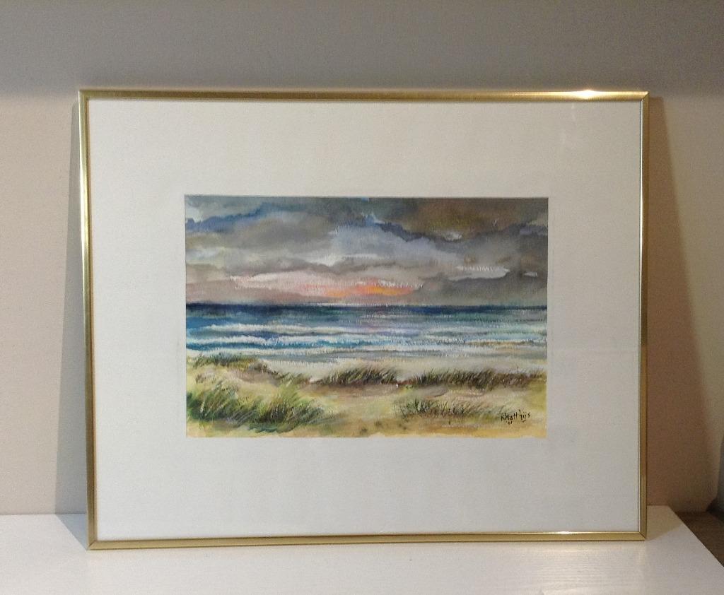 Kleurige aquarel duinengras en de zee in verguld kader, Antiek en Kunst, Ophalen of Verzenden