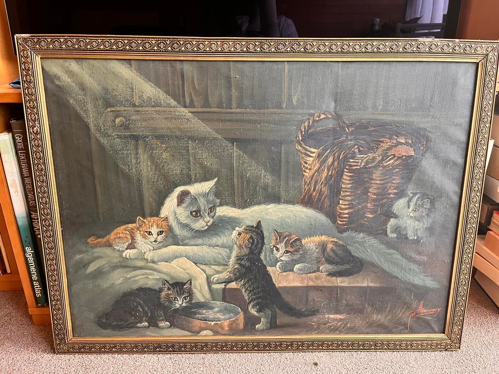 Tableau ‘cat family’ M. Hennawy  Égyptien, Ophalen