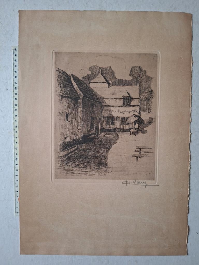 Ets Charles Viane "Landschap met enkele huizen en een bank", Antiek en Kunst, Ophalen of Verzenden