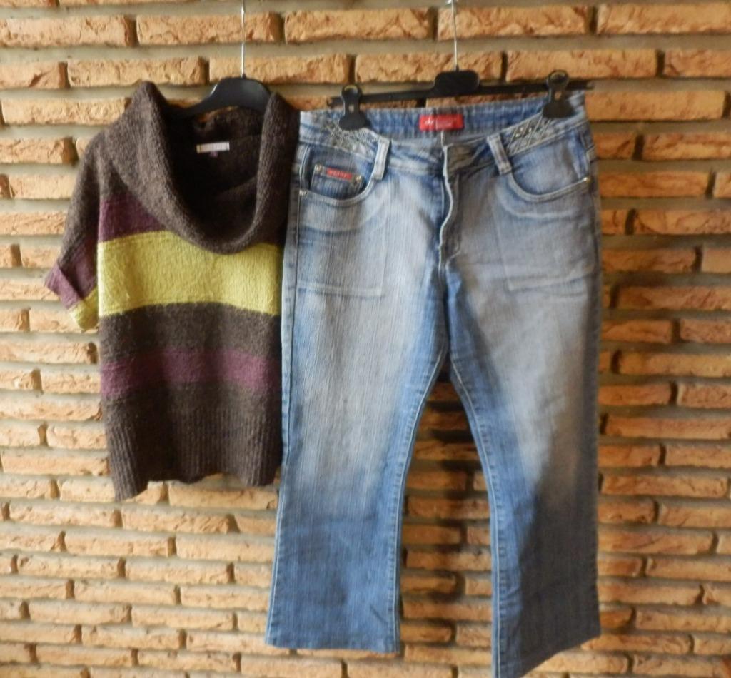 (12) -jeans femme t.40 bleu - seyoo + pull brun, Enlèvement ou Envoi, Seyoo, Comme neuf, W30 - W32 (confection 38/40)