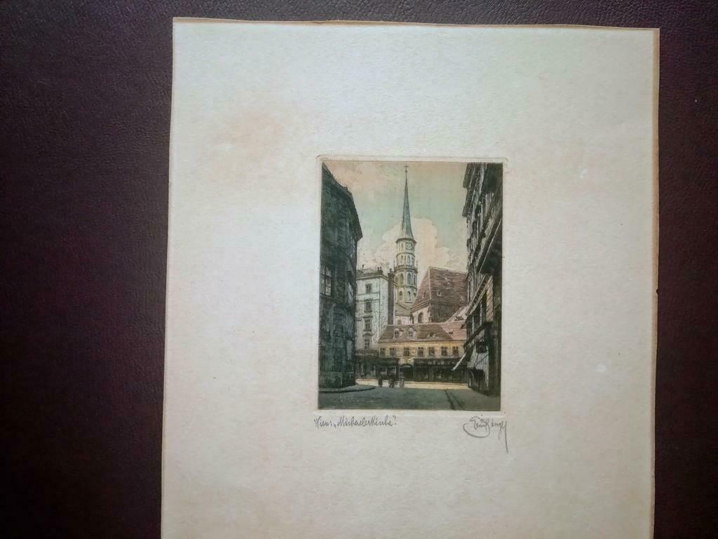 Ets Wien Michaelerkirche. Artiest zie handtekening, Antiek en Kunst, Kunst | Etsen en Gravures, Ophalen of Verzenden