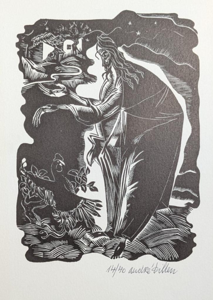 André Billen - linogravure - Jésus avec un poulet, Enlèvement ou Envoi