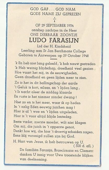Doodsprentje Ludo FARASIJN Antwerpen 1948 -1954 (kind), Verzenden, Bidprentje