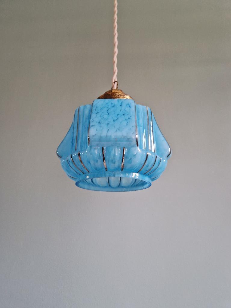 Suspension Art Déco en verre moucheté bleu, années 1920-30, Enlèvement ou Envoi