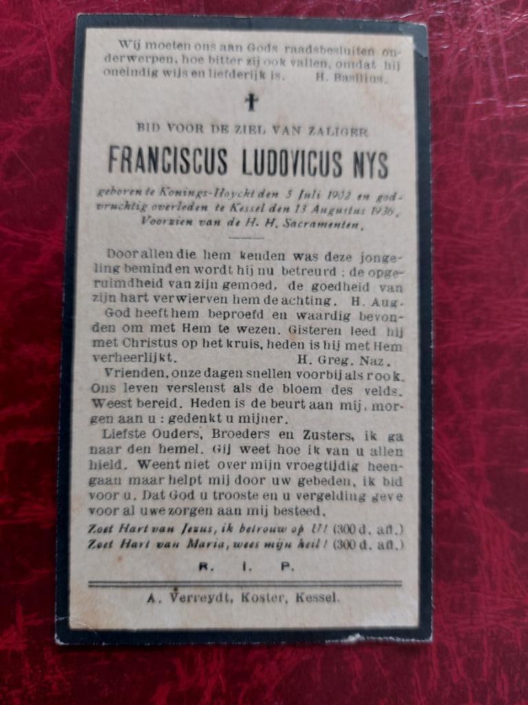 oud doodsprentje Konings-Hooikt/Kessel  1936, Envoi