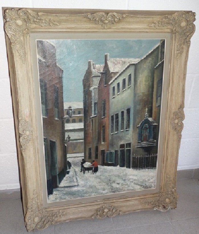 P. Alenco winters straatzicht olieverf op doek., Antiek en Kunst, Kunst | Schilderijen | Klassiek, Ophalen, Doek, Gesigneerd, Olieverf