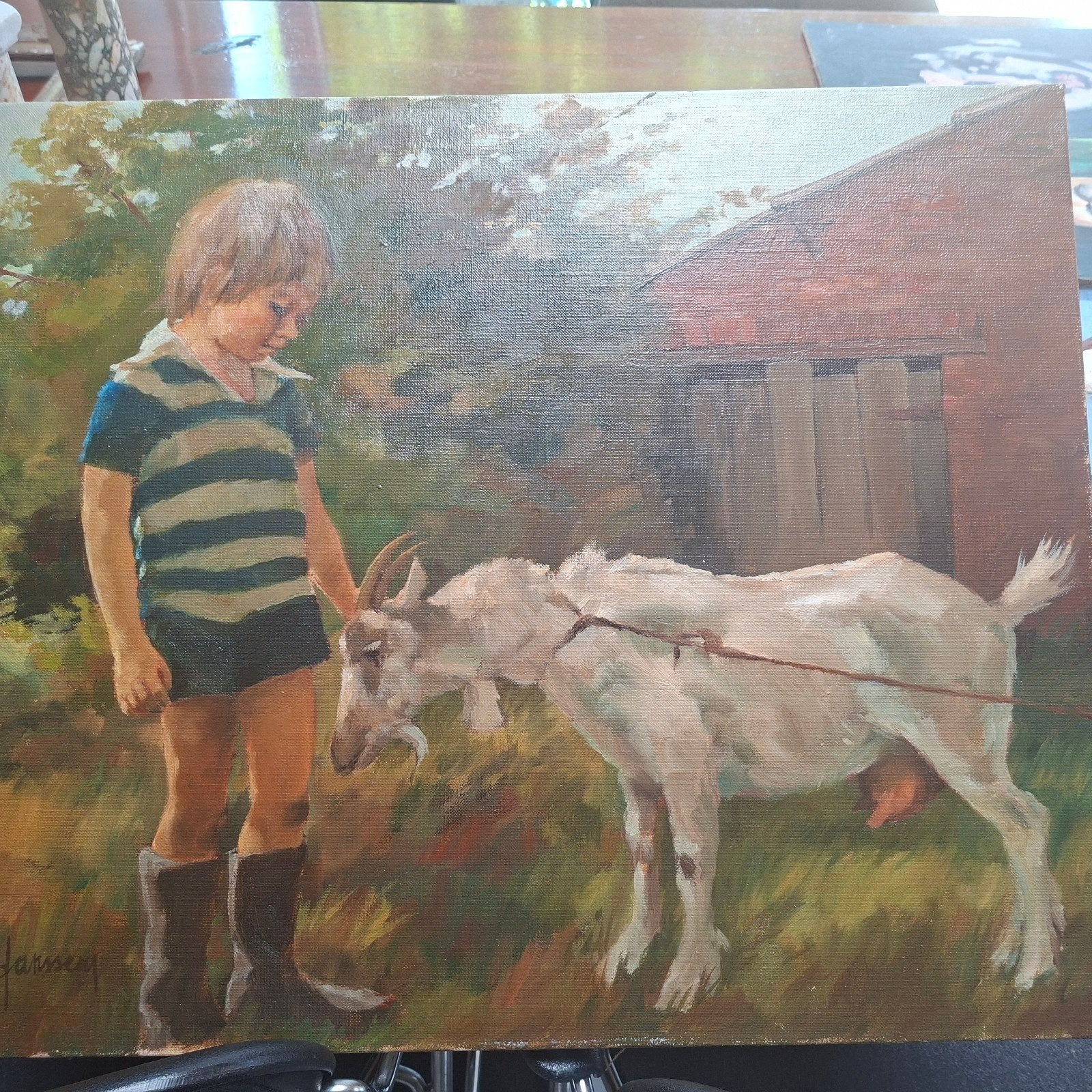 Jochie met geit Jef Janssens, Portrait ou Personnes, Enlèvement ou Envoi, Peinture à l'huile, Signé