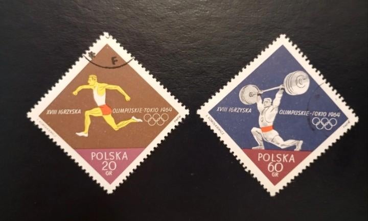 Lot of 2 rhomboidal CTO stamps from Poland-Tokyo 1964, Verzenden