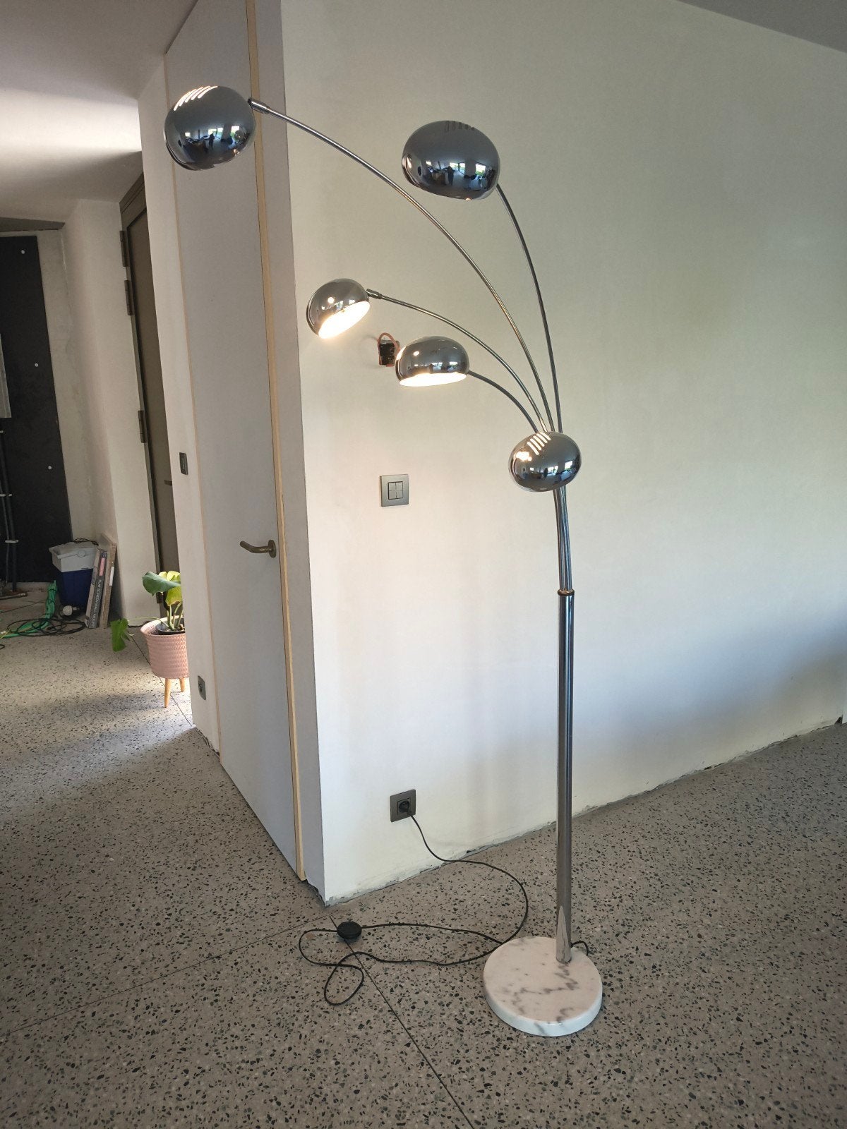 jaren 70 5-vinger lamp op marmeren voet, Ophalen, Gebruikt, 150 tot 200 cm, E14 (klein)