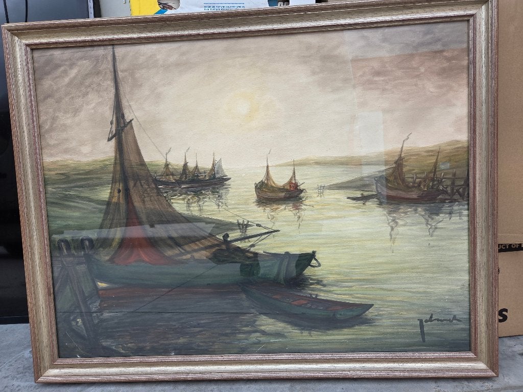 Ingekaderde prent: ' Vissersboten in de avondzon', Ophalen