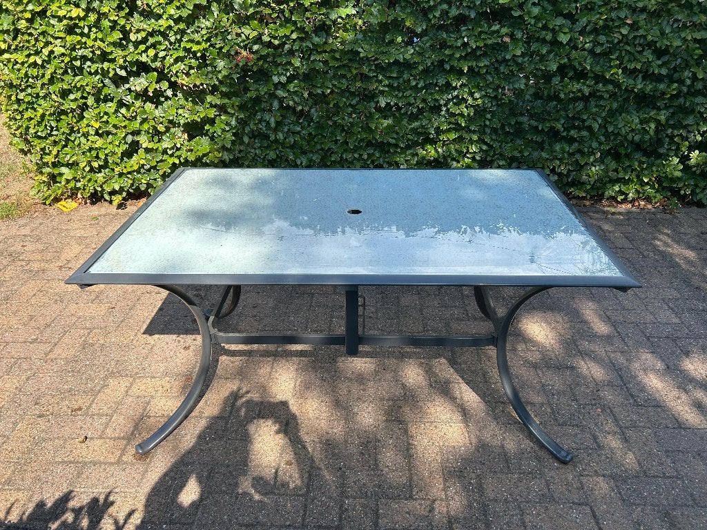 tuintafel met glazen blad, Tuin en Terras, Tuintafels, Ophalen, Gebruikt, Rechthoekig, Overige materialen