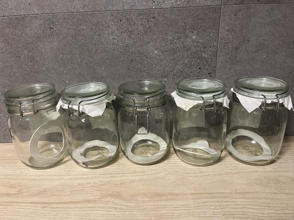 Lot 5 voorraadpotten Korken Ikea 1L, Verre, Comme neuf, Enlèvement, Pot de stockage